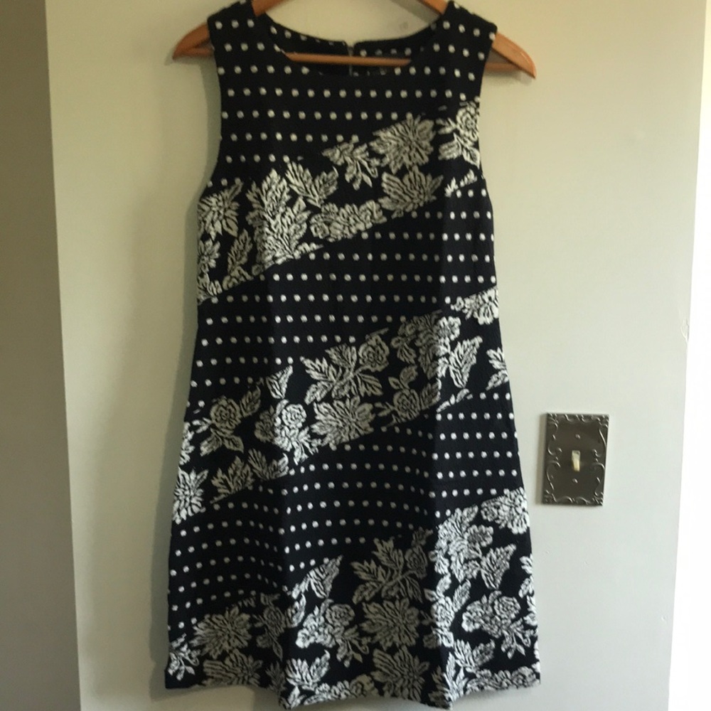 Anthropologie Navy and White Floral-Polka Dot Sleeveless Mini Dress